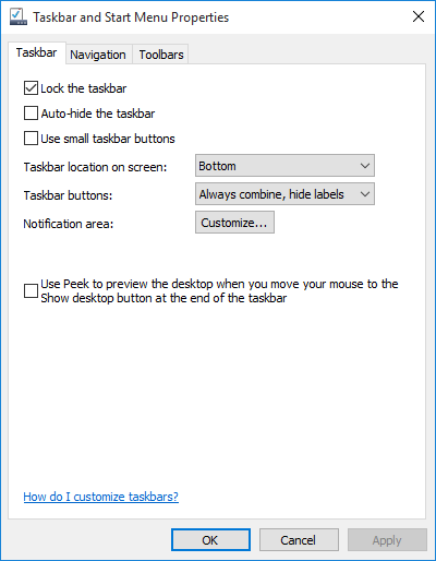 taskbar and start menu properties windows 10 rtm