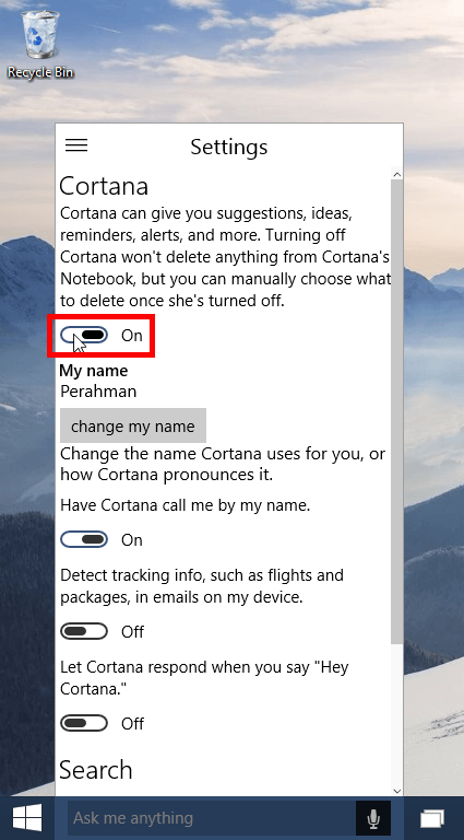 cortana on-off