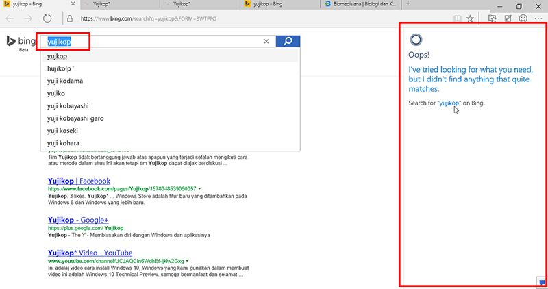 Hasil pencarian cortana