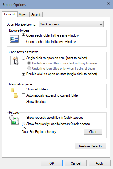 remove recent folder n file untick