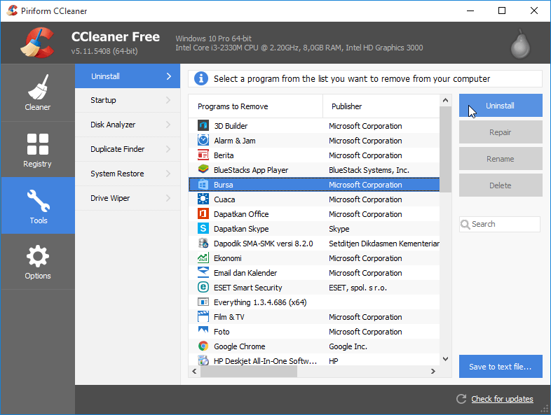 uninstal app Windows 10 dengan CCleaner