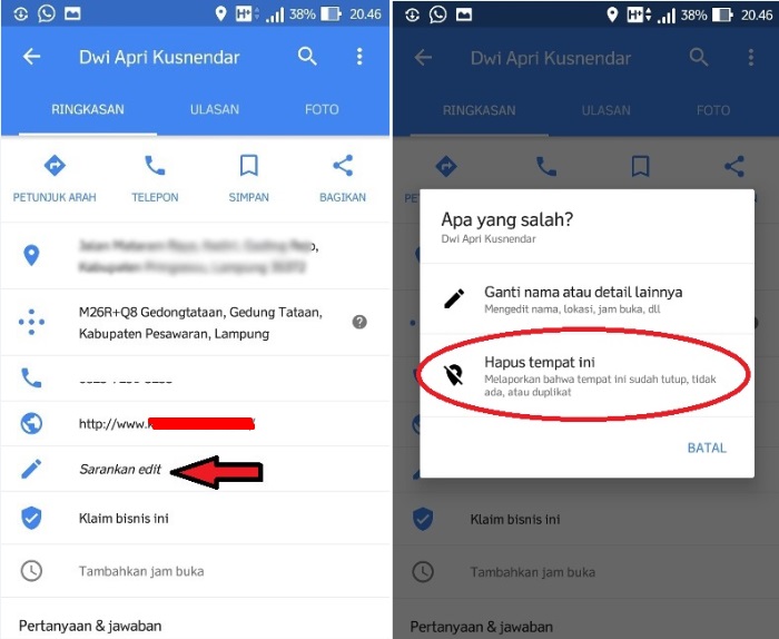 Menghapus rumah google maps di Android
